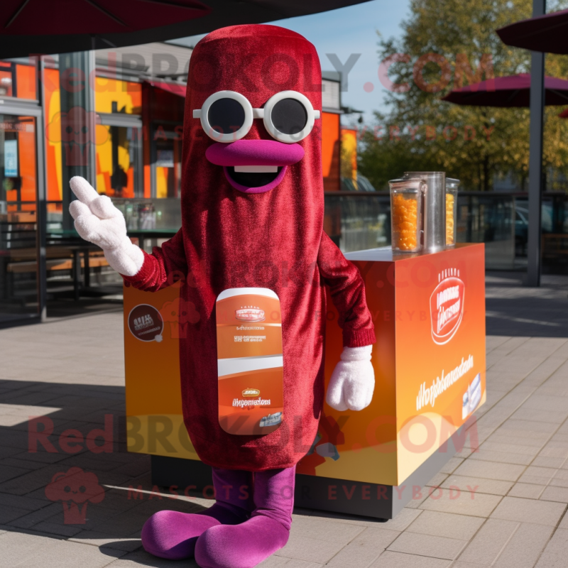 Magenta Currywurst mascot costume character dressed with a Sweater and Sunglasses