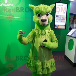 Green Llama mascot costume character dressed with a Skirt and Cufflinks