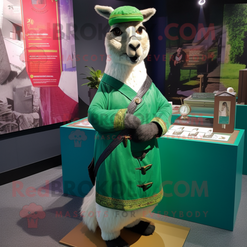 Green Llama mascot costume character dressed with a Skirt and Cufflinks