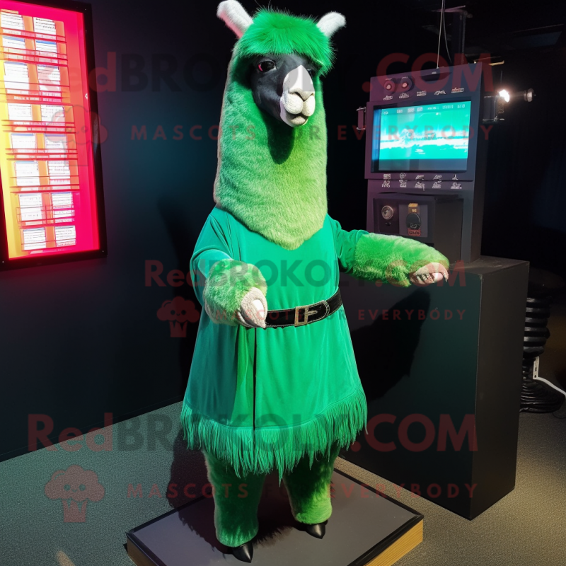 Green Llama mascot costume character dressed with a Skirt and Cufflinks Green Llama mascot costume character dressed with a Skirt and Cufflinks