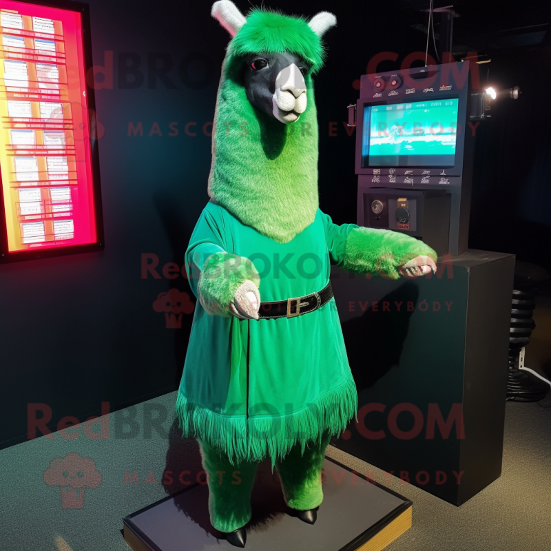 Green Llama mascot costume character dressed with a Skirt and Cufflinks