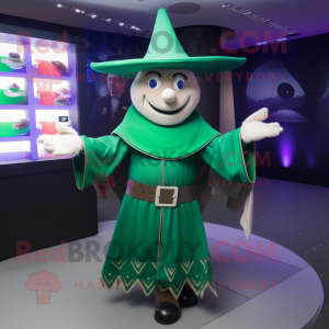 Green Magician mascot costume character dressed with a Rugby Shirt and Shawl pins