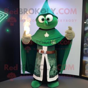 Green Magician mascot costume character dressed with a Rugby Shirt and Shawl pins