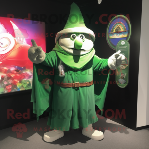 Green Magician mascot costume character dressed with a Rugby Shirt and Shawl pins