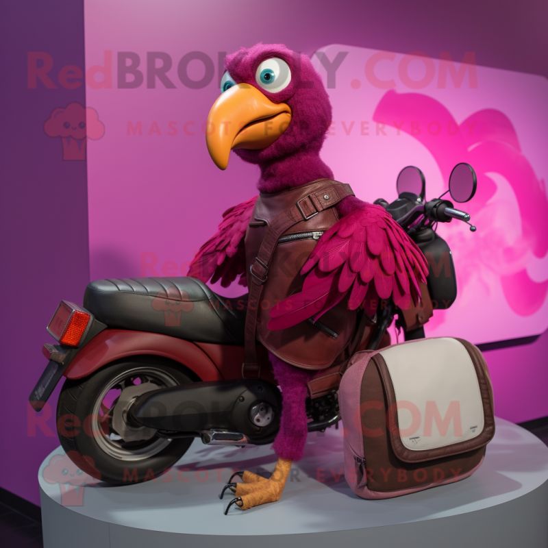 Magenta Dodo Bird mascot costume character dressed with a Moto Jacket and Messenger bags