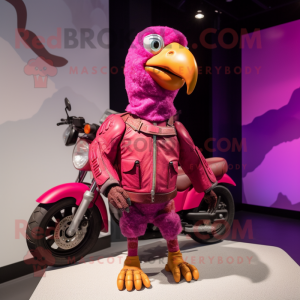 Magenta Dodo Bird mascot costume character dressed with a Moto Jacket and Messenger bags