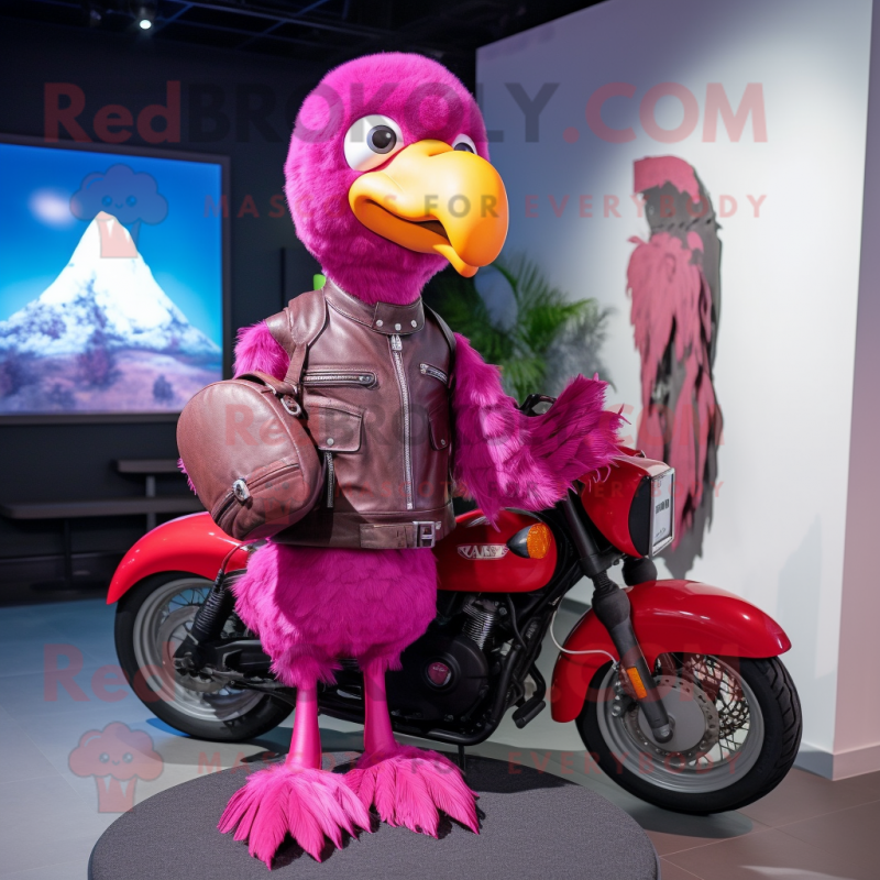 Magenta Dodo Bird mascot costume character dressed with a Moto Jacket and Messenger bags