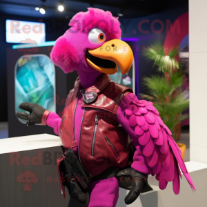 Magenta Dodo Bird mascot costume character dressed with a Moto Jacket and Messenger bags