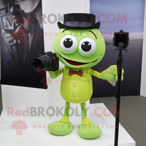 Lime Green Camera mascot costume character dressed with a Oxford Shirt and Ties