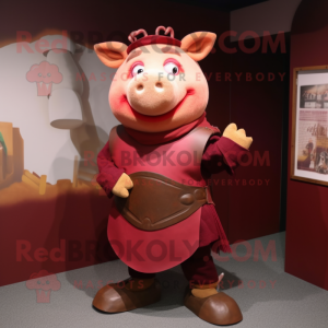 Maroon Pig mascot costume character dressed with a Sheath Dress and Watches