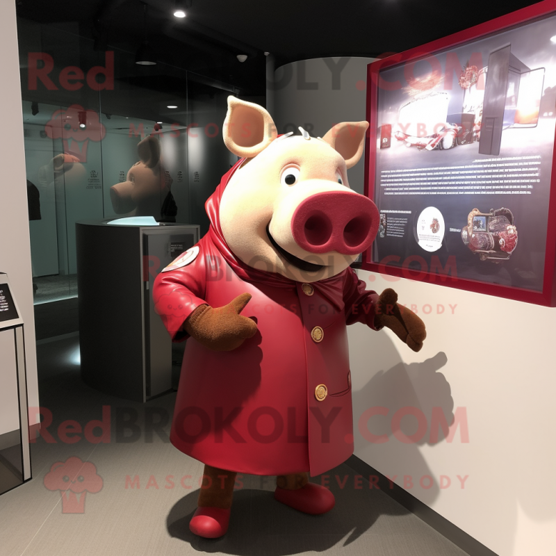 Maroon Pig mascot costume character dressed with a Sheath Dress and Watches