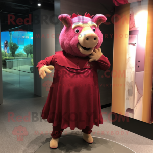 Maroon Pig mascot costume character dressed with a Sheath Dress and Watches