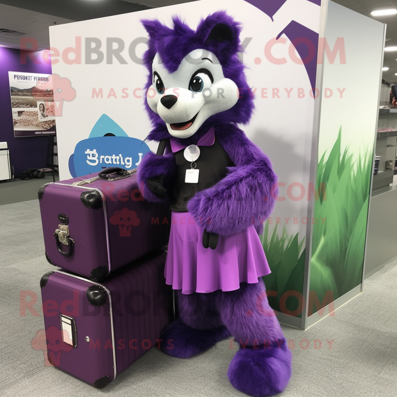 Purple Skunk mascot costume character dressed with a A-Line Dress and Briefcases Purple Skunk mascot costume character dressed with a A-Line Dress and Briefcases