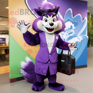 Purple Skunk mascot costume character dressed with a A-Line Dress and Briefcases