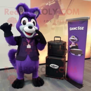 Purple Skunk mascot costume character dressed with a A-Line Dress and Briefcases