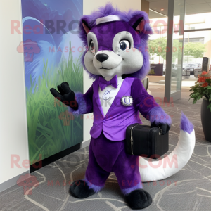 Purple Skunk mascot costume character dressed with a A-Line Dress and Briefcases