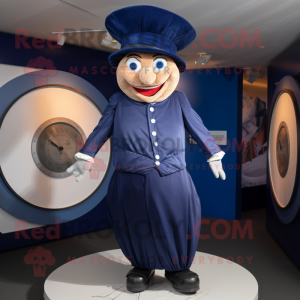 Navy Plate Spinner mascot costume character dressed with a Waistcoat and Caps