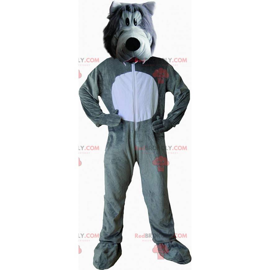 Mascotte de loup gris et blanc, costume de méchant loup poilu -