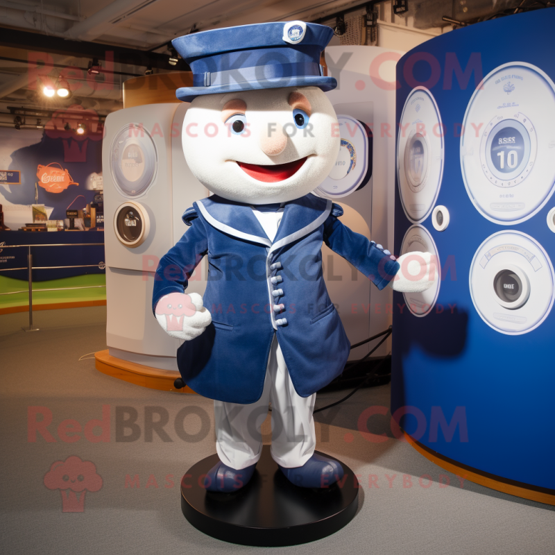 Navy Plate Spinner mascot costume character dressed with a Waistcoat and Caps Navy Plate Spinner mascot costume character dressed with a Waistcoat and Caps