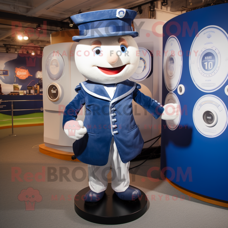 Navy Plate Spinner mascot costume character dressed with a Waistcoat and Caps