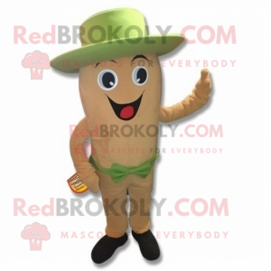 Tan Melon mascot costume character dressed with a Corduroy Pants and Hat pins