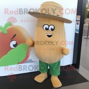 Tan Melon mascot costume character dressed with a Corduroy Pants and Hat pins