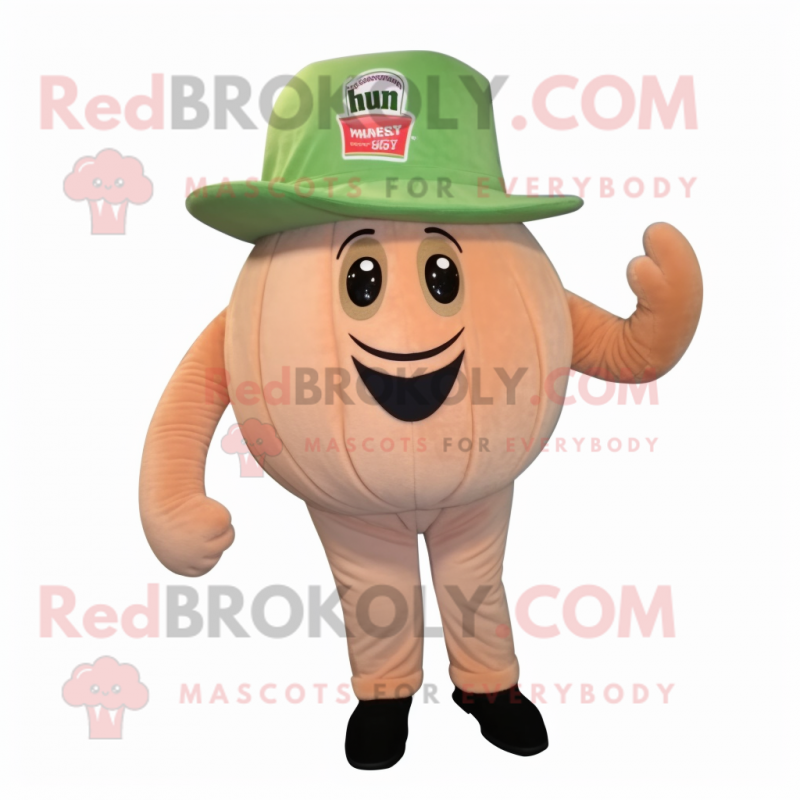 Tan Melon mascot costume character dressed with a Corduroy Pants and Hat pins Tan Melon mascot costume character dressed with a Corduroy Pants and Hat pins