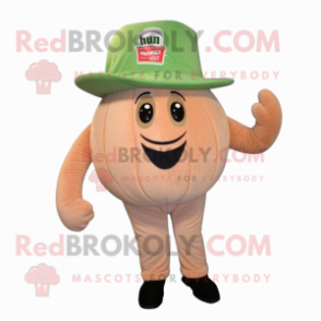 Tan Melon mascot costume character dressed with a Corduroy Pants and Hat pins