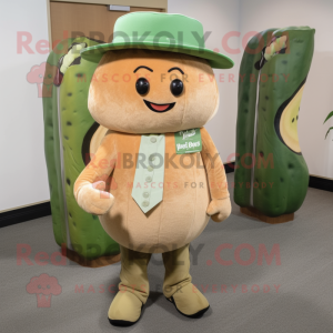 Tan Melon mascot costume character dressed with a Corduroy Pants and Hat pins