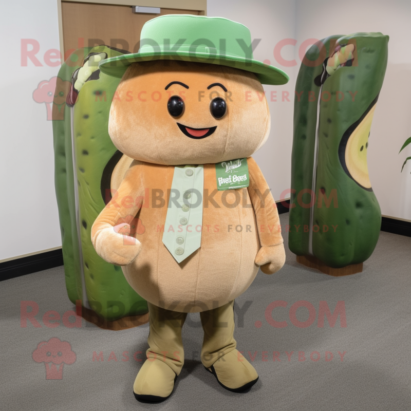 Tan Melon mascot costume character dressed with a Corduroy Pants and Hat pins Tan Melon mascot costume character dressed with a Corduroy Pants and Hat pins