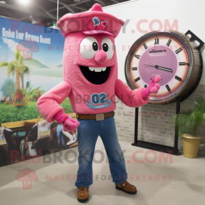 Pink Jambalaya mascot costume character dressed with a Jeans and Watches