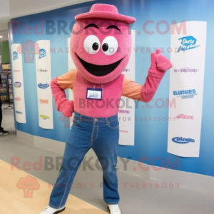 Pink Jambalaya mascot costume character dressed with a Jeans and Watches