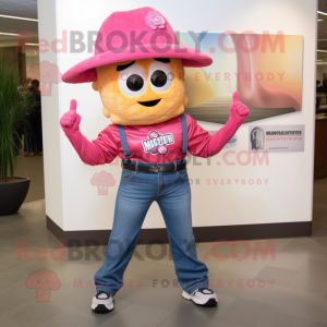 Pink Jambalaya mascot costume character dressed with a Jeans and Watches