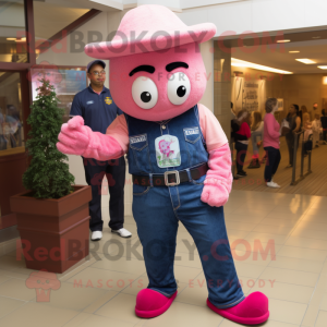 Pink Jambalaya mascot costume character dressed with a Jeans and Watches