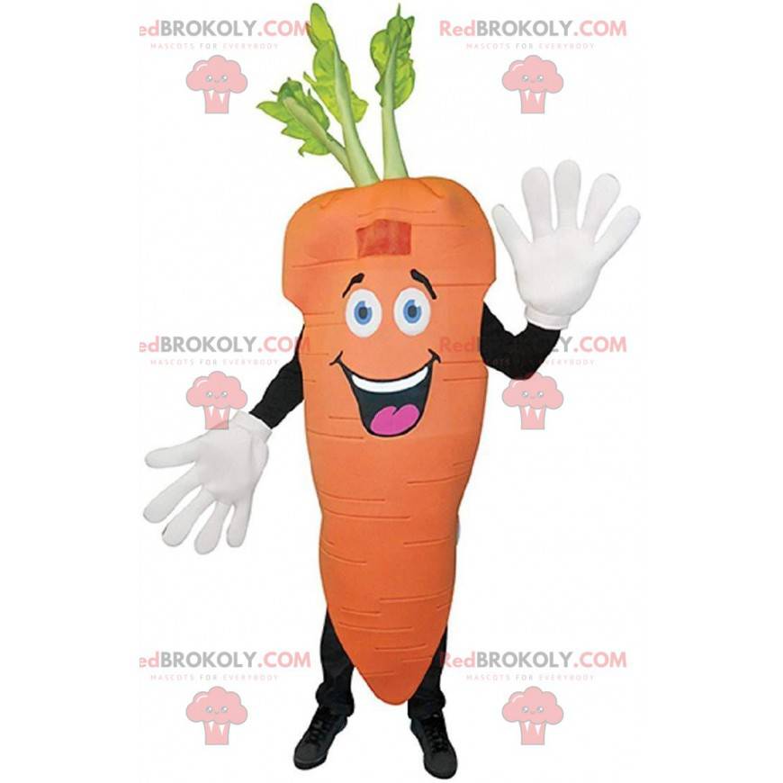 Reusachtige oranje wortel mascotte, plantaardig kostuum -