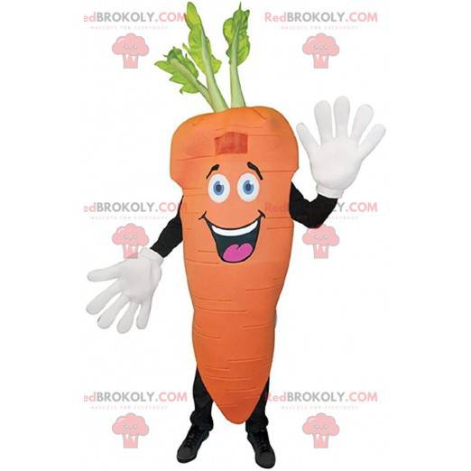 Mascota de zanahoria naranja gigante, traje vegetal -