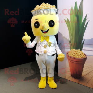 Lemon Yellow Pop Corn mascot costume character dressed with a Romper and Pocket squares