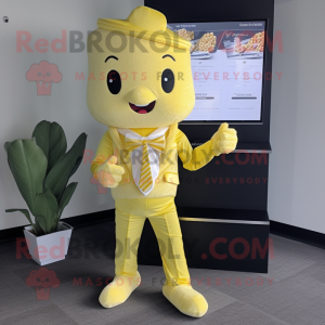 Lemon Yellow Pop Corn mascot costume character dressed with a Romper and Pocket squares