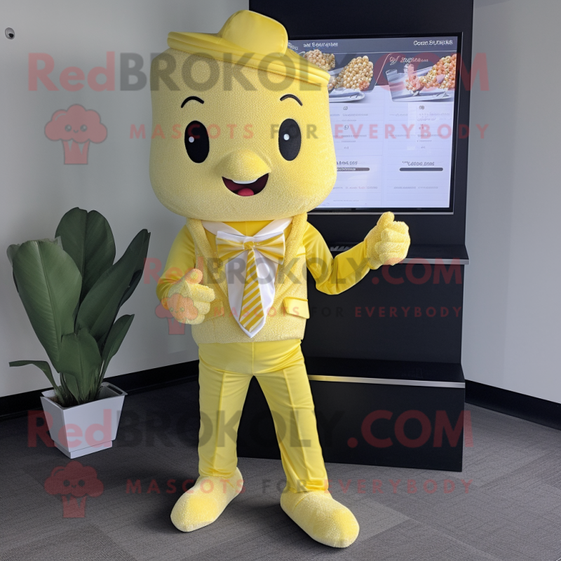 Lemon Yellow Pop Corn mascot costume character dressed with a Romper and Pocket squares Lemon Yellow Pop Corn mascot costume character dressed with a Romper and Pocket squares