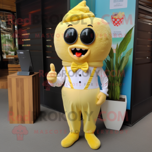Lemon Yellow Pop Corn mascot costume character dressed with a Romper and Pocket squares