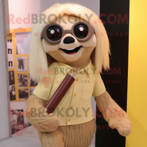 Beige Sloth mascot costume character dressed with a Pencil Skirt and Eyeglasses