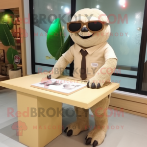 Beige Sloth mascot costume character dressed with a Pencil Skirt and Eyeglasses