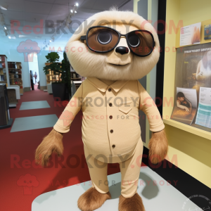 Beige Sloth mascot costume character dressed with a Pencil Skirt and Eyeglasses