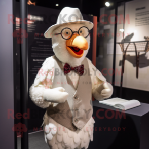 Cream Hens mascot costume character dressed with a Waistcoat and Reading glasses