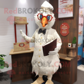 Cream Hens mascot costume character dressed with a Waistcoat and Reading glasses