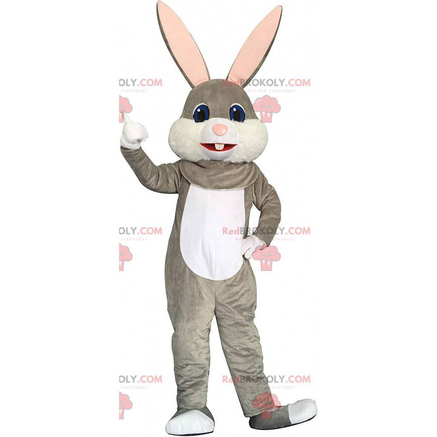 Mascotte de lapin gris et blanc, costume de gros lapin -