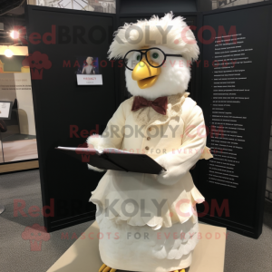 Cream Hens mascot costume character dressed with a Waistcoat and Reading glasses