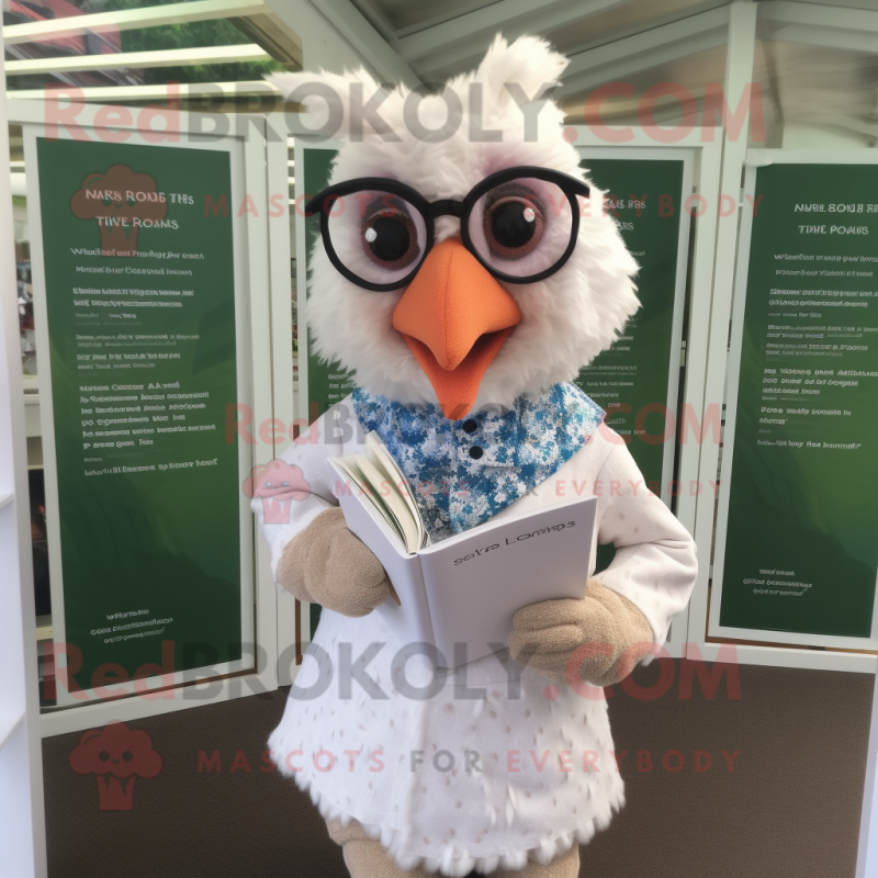 Cream Hens mascot costume character dressed with a Waistcoat and Reading glasses