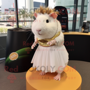 White Guinea Pig mascot costume character dressed with a Pencil Skirt and Hairpins