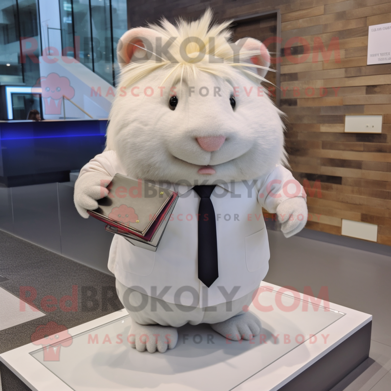 White Guinea Pig mascot costume character dressed with a Pencil Skirt and Hairpins